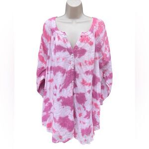 Lane Bryant Womens Gauze Blouse Size 26/28Pink Tie-Dye Balloon Sleeve Popover